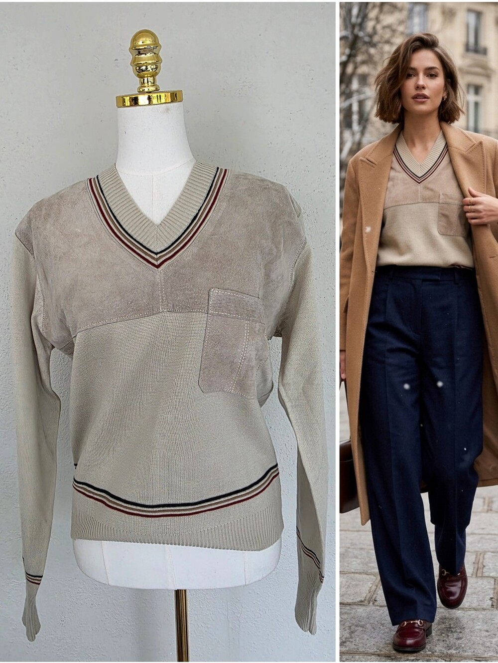 Vintage 90s Saxony Suede Leather Panel V-Neck Sweater M Unisex